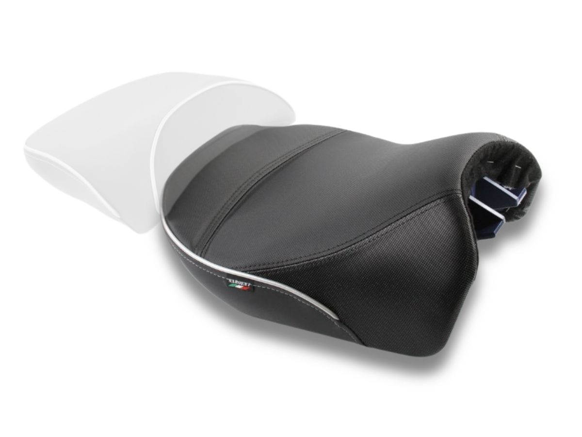 Beautiful Performance Plus front motorcycle seat with Metallic Silver accents and Italian Tag - available only from Sargent Cycle Products.